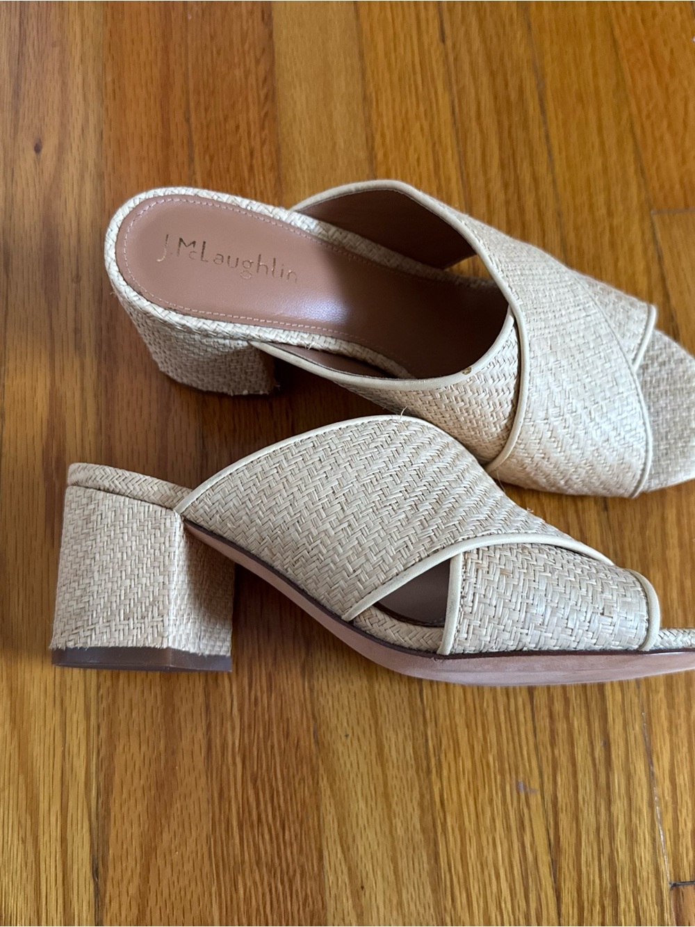 J. McLaughlin Neutral Woven Crisscross Block Heel Mules
